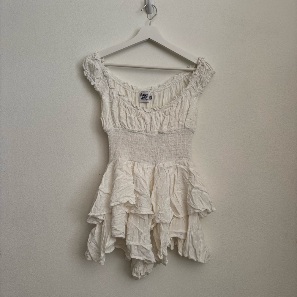 Princess Polly Cream Ruffled Off-Shoulder Romper